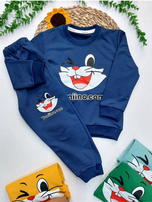 ست بلوزشلوار پسرانه دخترانه گربه پنبه لاکرا۵۰ ۵۵