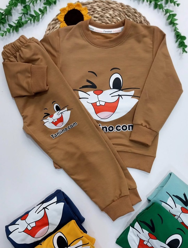 ست بلوزشلوار پسرانه دخترانه گربه پنبه لاکرا۵۰ ۵۵